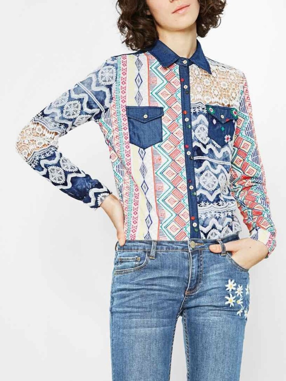 Desigual Mauricia Multicolour Denim Lace Button Down Long Sleeve Shirt Medium